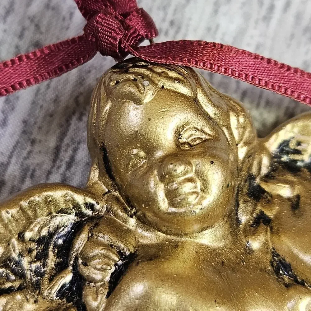 Vintage Christmas Ornament Angel Cherub Gold Finish Victorian Holiday Decoration